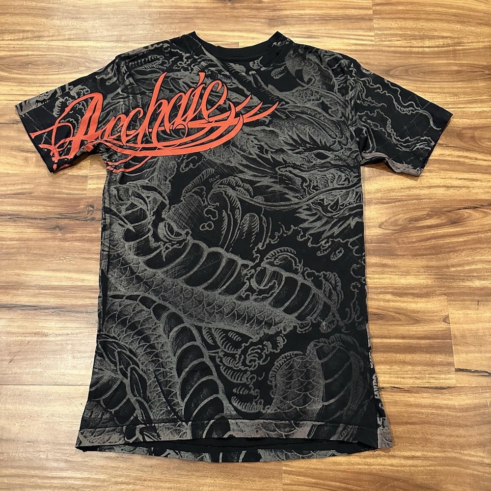 Archaic Shirt Mens Small Black Dragon Allover Graphic Tee Gothic Tattoo